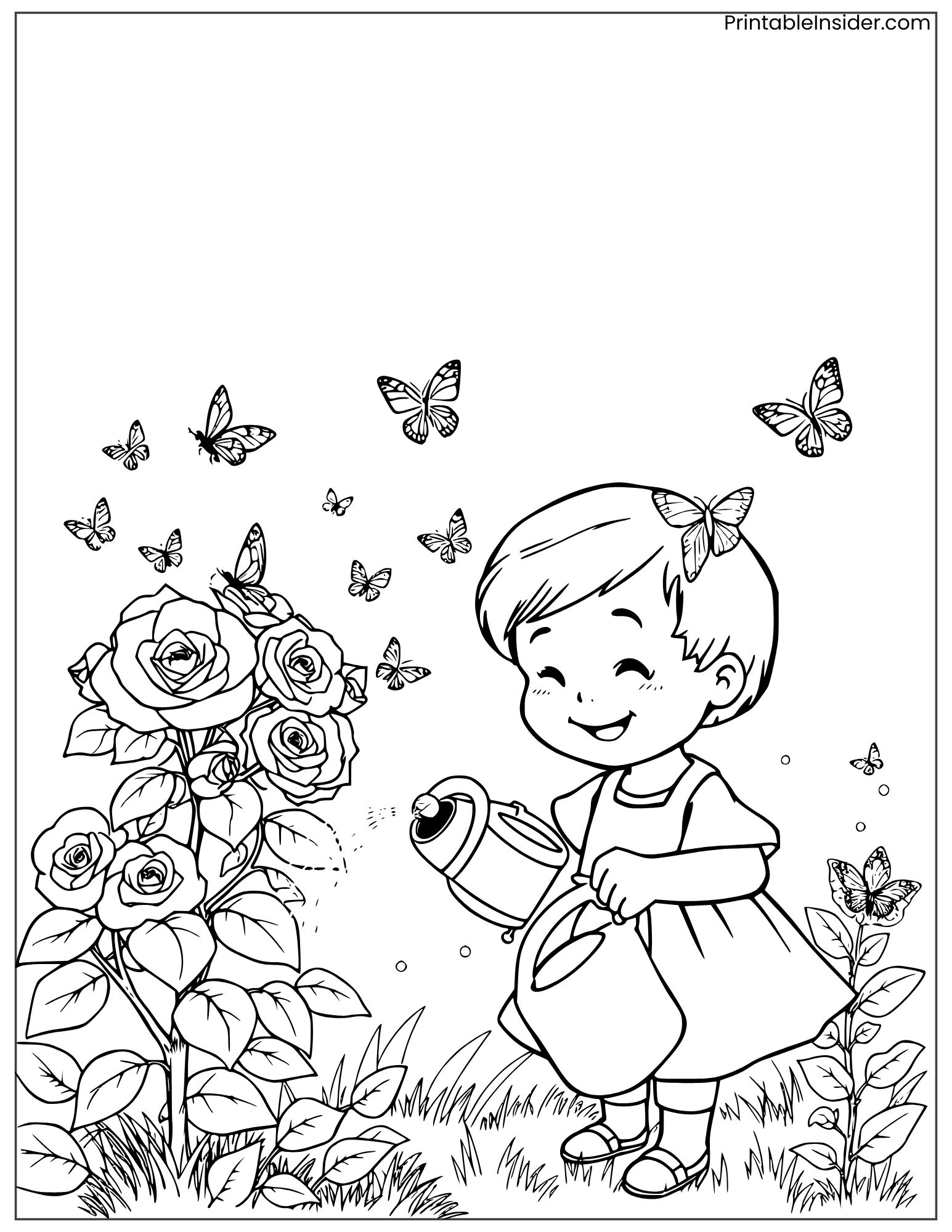 cute girl in a garden with roses and butterflies