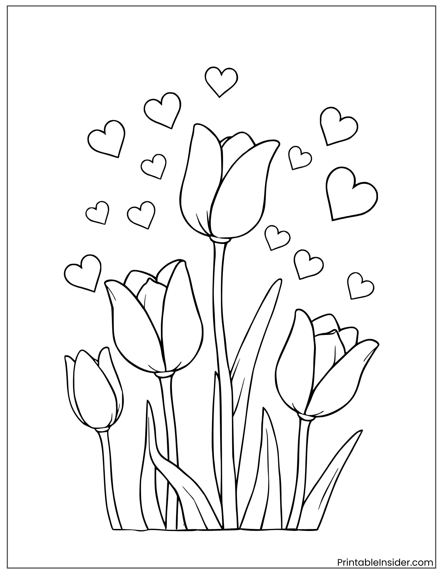 tulips with love hearts to color